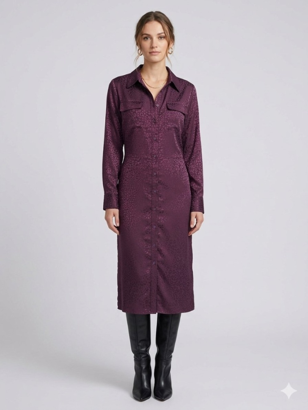Ophelia Roe Leopard Jacquard Shirt Dress Plum Purple Button Front L Whimsigoth